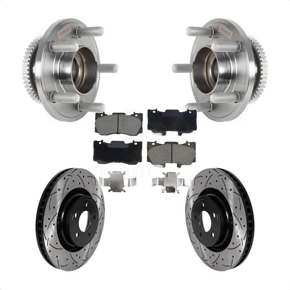 Front Hub Bearing Assembly Coated Drilled Slotted Brake Rotor & Pads Kit For Ford Mustang KBB-128926