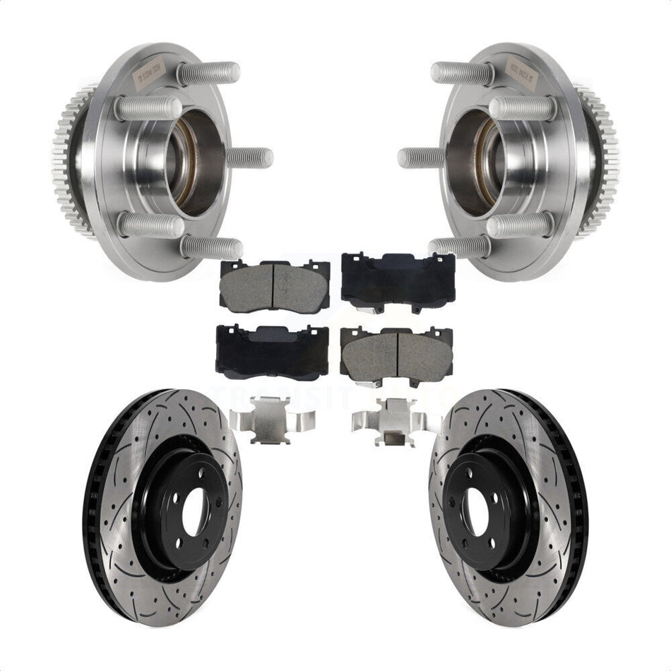 Front Hub Bearing Assembly Coated Drilled Slotted Brake Rotor & Pads Kit For Ford Mustang KBB-128926