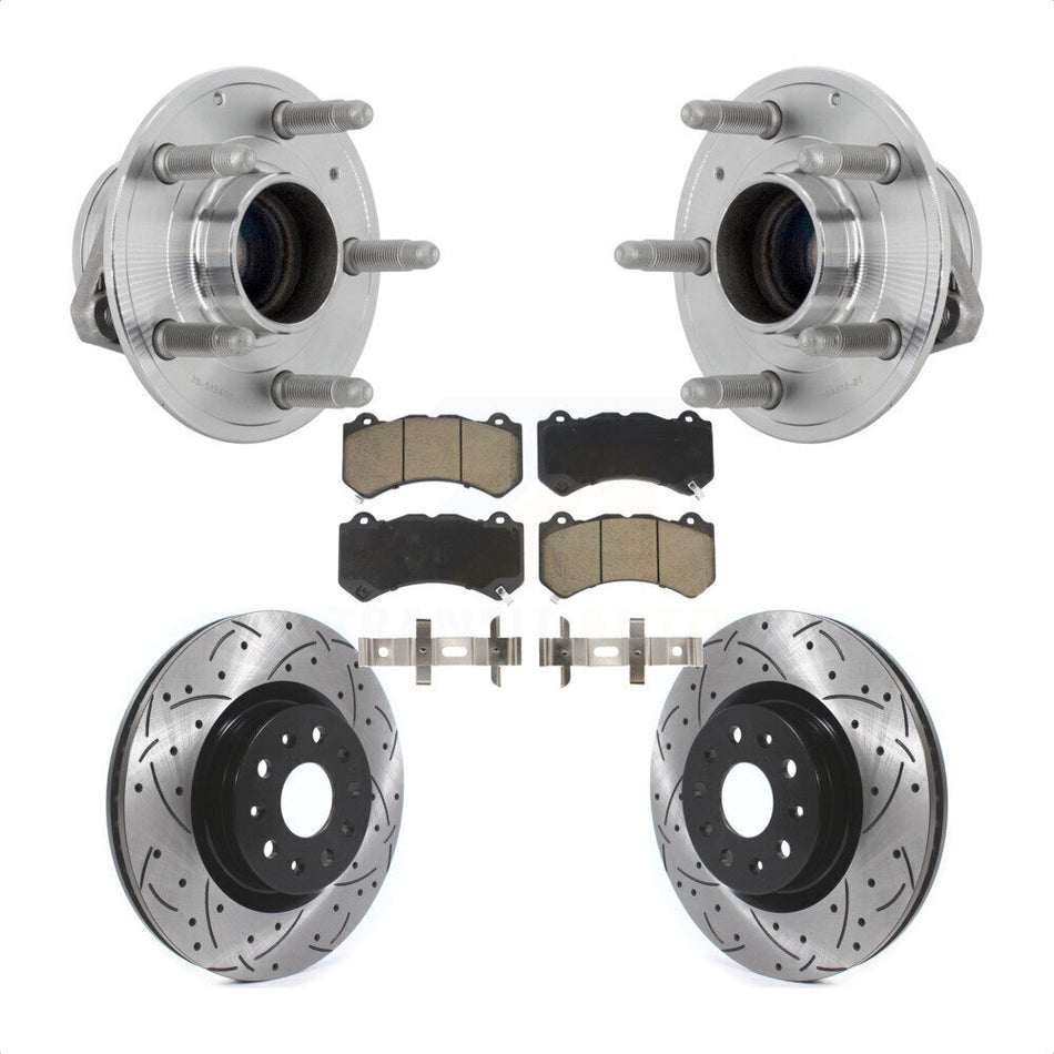 Front Hub Bearing Assembly Coated Drilled Slotted Brake Rotor & Pads Kit For Cadillac CTS KBB-131326