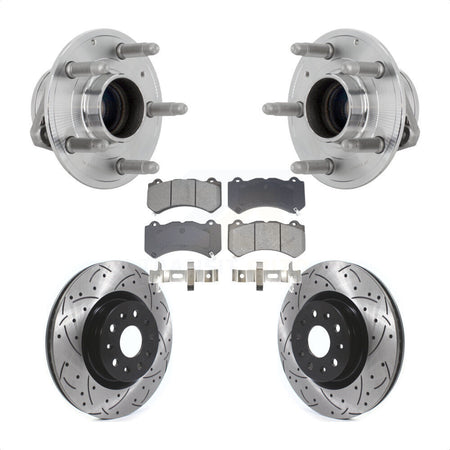 Front Hub Bearing Assembly Coated Drilled Slotted Brake Rotor & Pads Kit For Cadillac CTS KBB-131467
