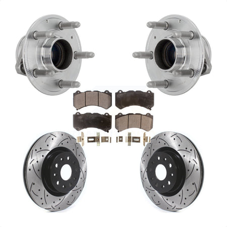 Front Hub Bearing Assembly Coated Drilled Slotted Brake Rotor & Pads Kit For Cadillac CTS KBB-131553