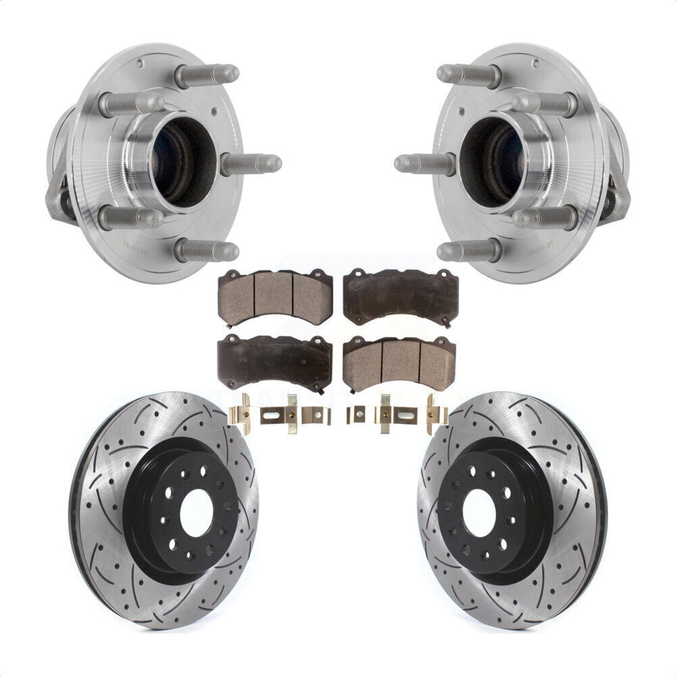 Front Hub Bearing Assembly Coated Drilled Slotted Brake Rotor & Pads Kit For Cadillac CTS KBB-131553