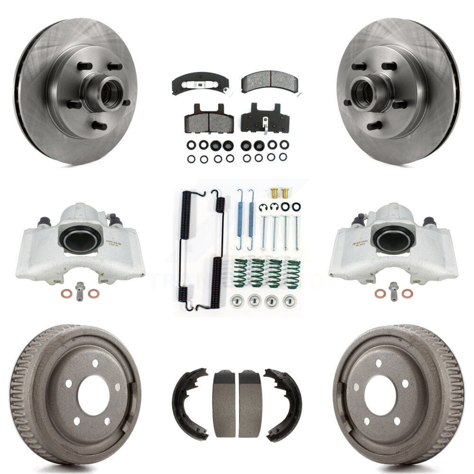 Front Rear Disc Brake Caliper Rotors Drums Semi-Metallic Pads Shoes And Hardware Kit (9Pc) For 1997-1998 Chevrolet C1500 Suburban GAS engine With 10" Diameter Drum KC8-100753S