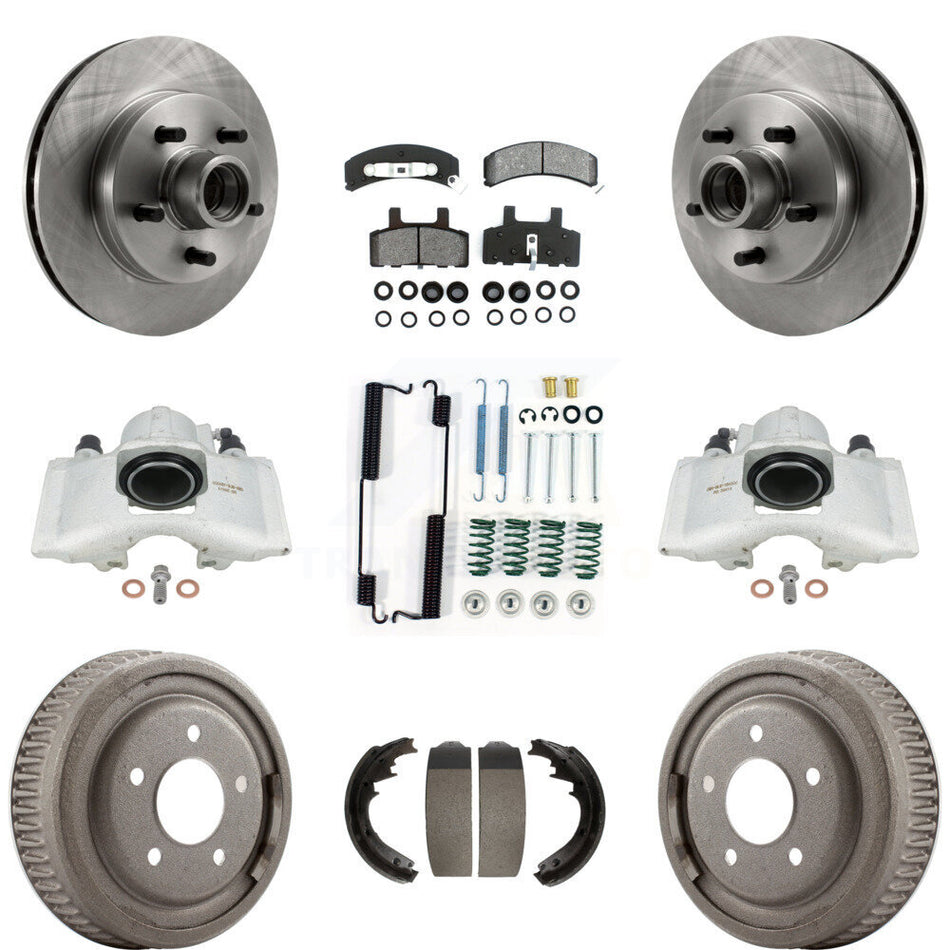 Front Rear Disc Brake Caliper Rotors Drums Semi-Metallic Pads Shoes And Hardware Kit (9Pc) For 1997-1998 Chevrolet C1500 Suburban GAS engine With 10" Diameter Drum KC8-100753S