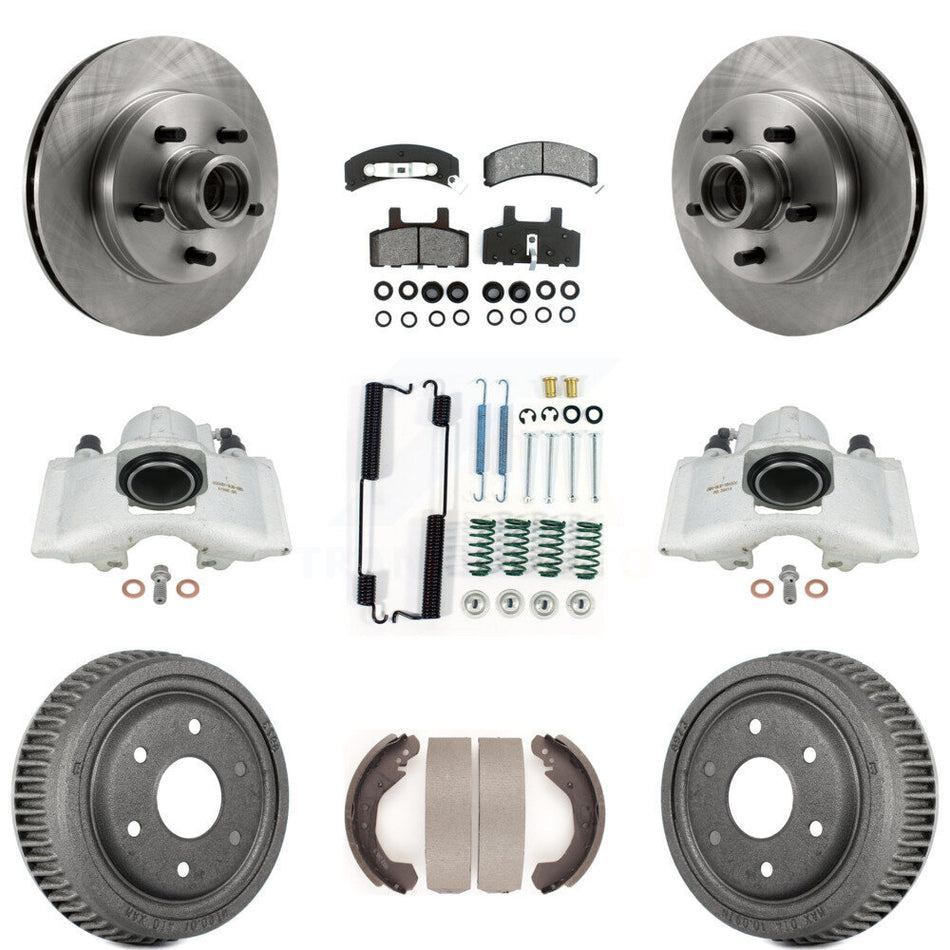 Front Rear Disc Brake Caliper Rotors Drums Semi-Metallic Pads Shoes And Hardware Kit (9Pc) For GMC Yukon With 10" Diameter Drum KC8-100755S
