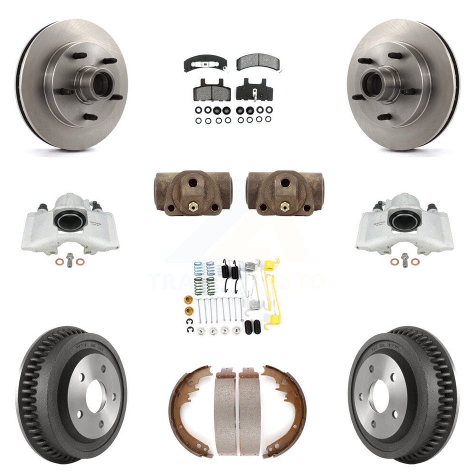 Front Rear Disc Brake Caliper Rotors Drums Semi-Metallic Pads Shoes Wheel Cylinders And Hardware Kit (11Pc) For 1994-1999 Dodge Ram 1500 RWD KC8-100759S