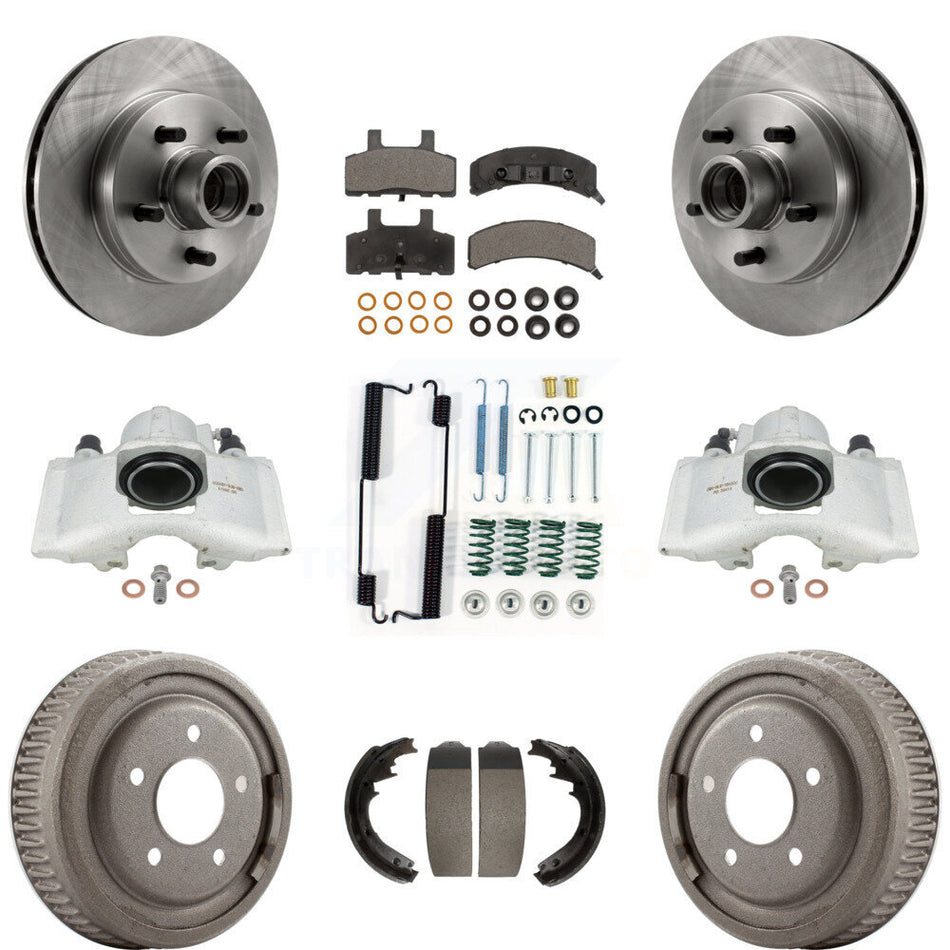 Front Rear Disc Brake Caliper Rotors Drums Semi-Metallic Pads Shoes And Hardware Kit (9Pc) For 1997-1998 Chevrolet C1500 Suburban GAS engine With 10" Diameter Drum KC8-100761P