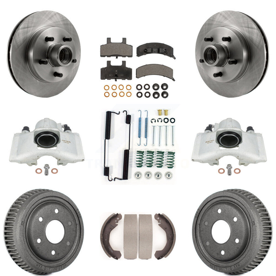 Front Rear Disc Brake Caliper Rotors Drums Semi-Metallic Pads Shoes And Hardware Kit (9Pc) For GMC Yukon With 10" Diameter Drum KC8-100763P