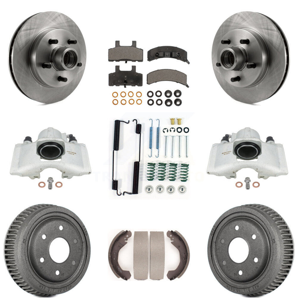 Front Rear Disc Brake Caliper Rotors Drums Semi-Metallic Pads Shoes And Hardware Kit (9Pc) For GMC Yukon With 10" Diameter Drum KC8-100763P