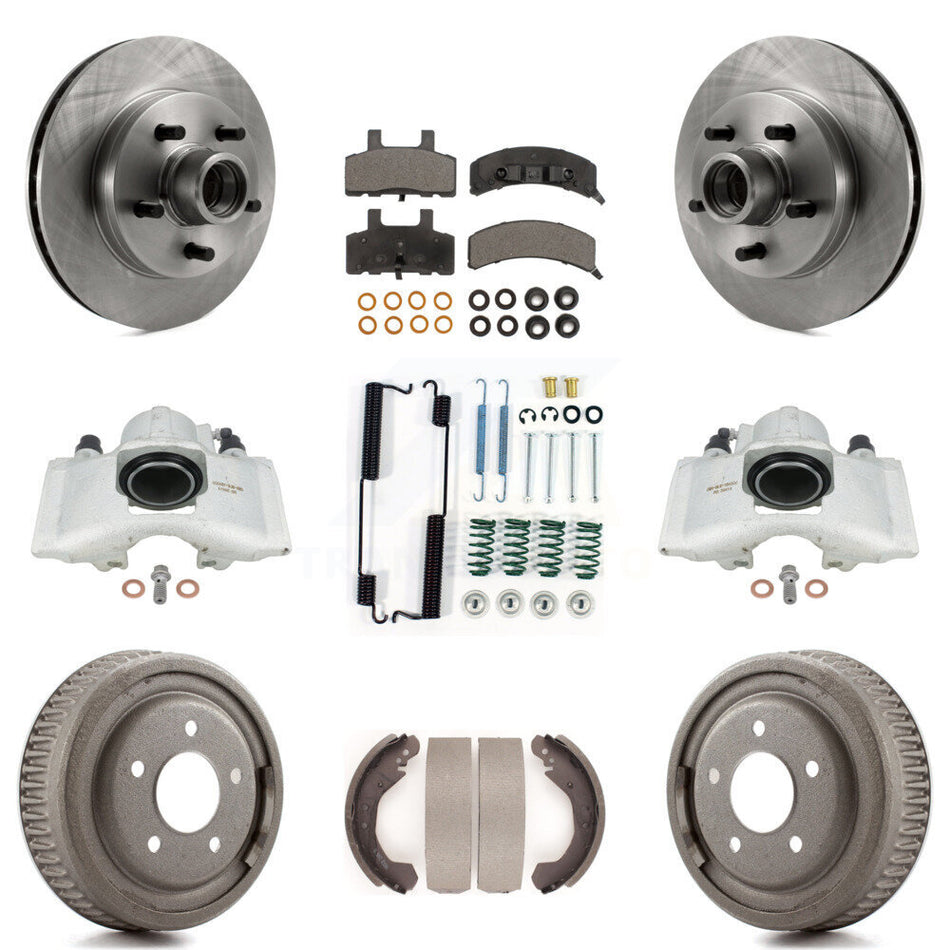 Front Rear Disc Brake Caliper Rotors Drums Semi-Metallic Pads Shoes And Hardware Kit (9Pc) For GMC Yukon With 10" Diameter Drum KC8-100764P