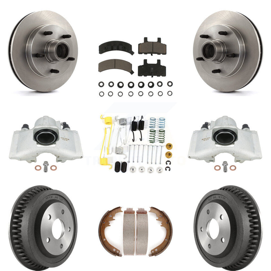 Front Rear Disc Brake Caliper Rotors Drums Ceramic Pads Shoes And Hardware Kit (9Pc) For 1994-1999 Dodge Ram 1500 RWD KC8-100768C