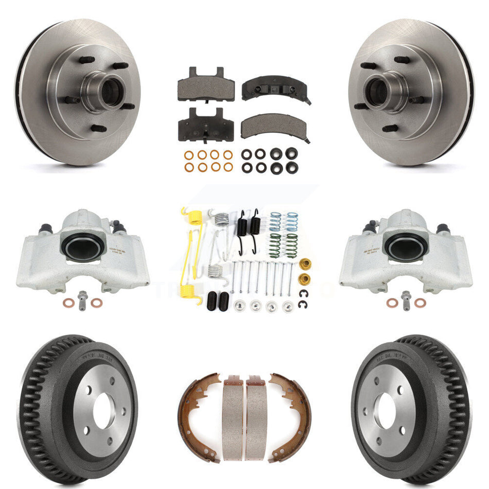 Front Rear Disc Brake Caliper Rotors Drums Ceramic Pads Shoes And Hardware Kit (9Pc) For 1994-1999 Dodge Ram 1500 RWD KC8-100770T