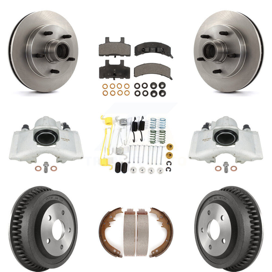 Front Rear Disc Brake Caliper Rotors Drums Ceramic Pads Shoes And Hardware Kit (9Pc) For 1994-1999 Dodge Ram 1500 RWD KC8-100770T