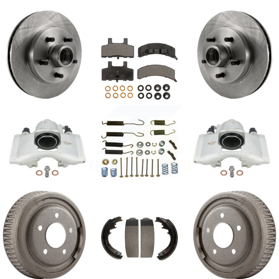 Front Rear Disc Brake Caliper Rotors Drums Ceramic Pads Shoes And Hardware Kit (9Pc) For 1995-1997 GMC Yukon RWD with GAS engine With 11" Diameter Drum KC8-100775T
