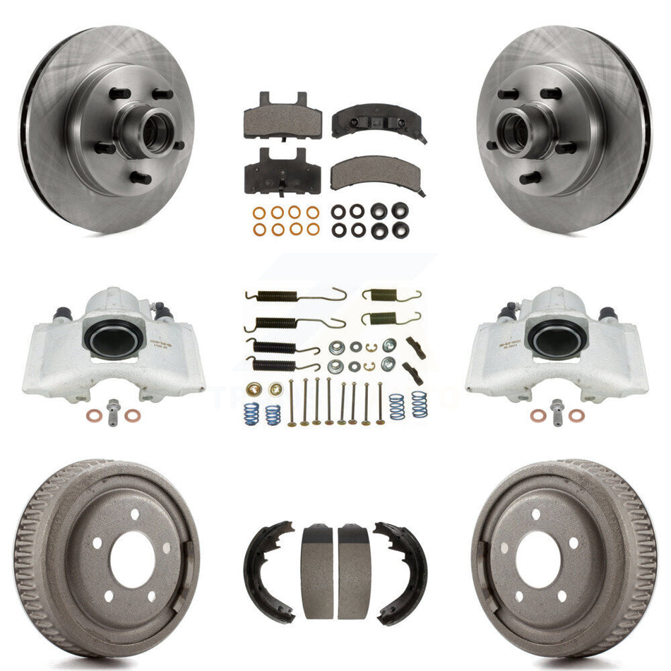 Front Rear Disc Brake Caliper Rotors Drums Ceramic Pads Shoes And Hardware Kit (9Pc) For 1995-1997 GMC Yukon RWD with GAS engine With 11" Diameter Drum KC8-100775T