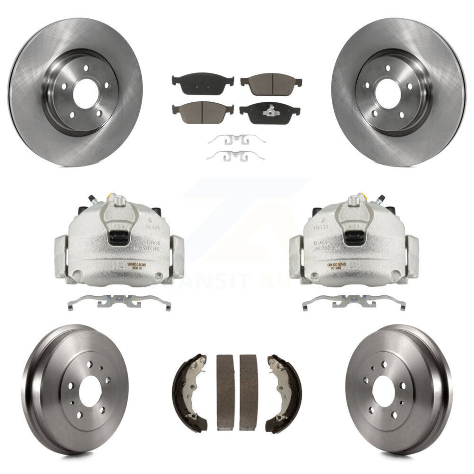 Front Rear Brake Caliper Rotors Drums Ceramic Pads Kit (8Pc) For 2013-2018 Ford Focus ST KC8-100778C