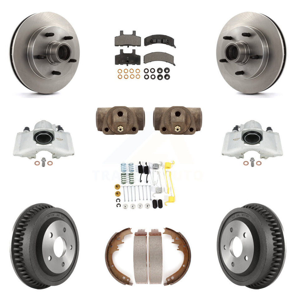 Front Rear Disc Brake Caliper Rotors Drums Ceramic Pads Shoes Wheel Cylinders And Hardware Kit (11Pc) For 1994-1999 Dodge Ram 1500 RWD KC8-100778T
