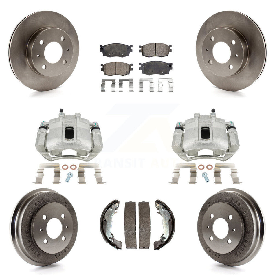 Front Rear Disc Brake Caliper Rotors Drums Semi-Metallic Pads Kit (8Pc) For 2006 Hyundai Accent Hatchback To 09 30 05 KC8-100794P