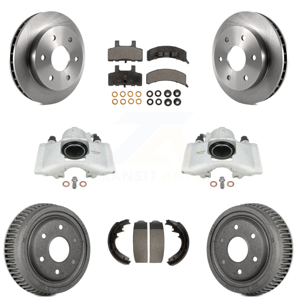 Front Rear Disc Brake Caliper Rotors Drums Semi-Metallic Pads Kit (8Pc) For 1995-1997 GMC Yukon 2 doors with 4WD GAS engine With 11" Diameter Drum KC8-100802P by Transit Auto