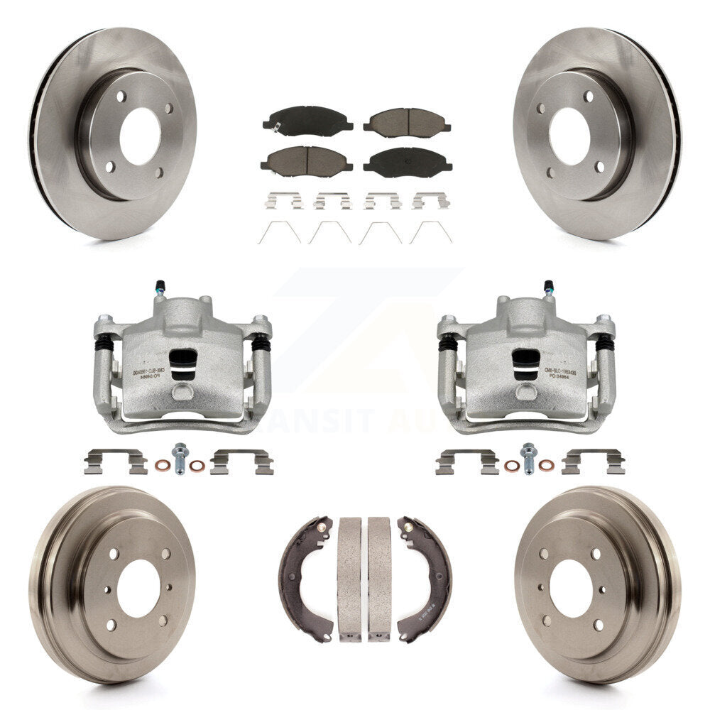 Front Rear Brake Caliper Rotors Drums Ceramic Pads Kit (8Pc) For 09-11 Nissan Versa 1.6L KC8-100816C