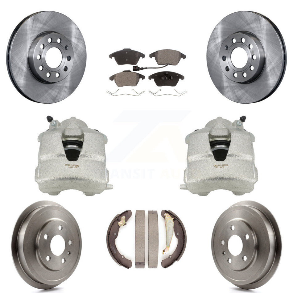 Front Rear Disc Brake Caliper Rotors Drums Semi-Metallic Pads Kit (8Pc) For Volkswagen Jetta With 288mm Diameter Rotor KC8-100837P