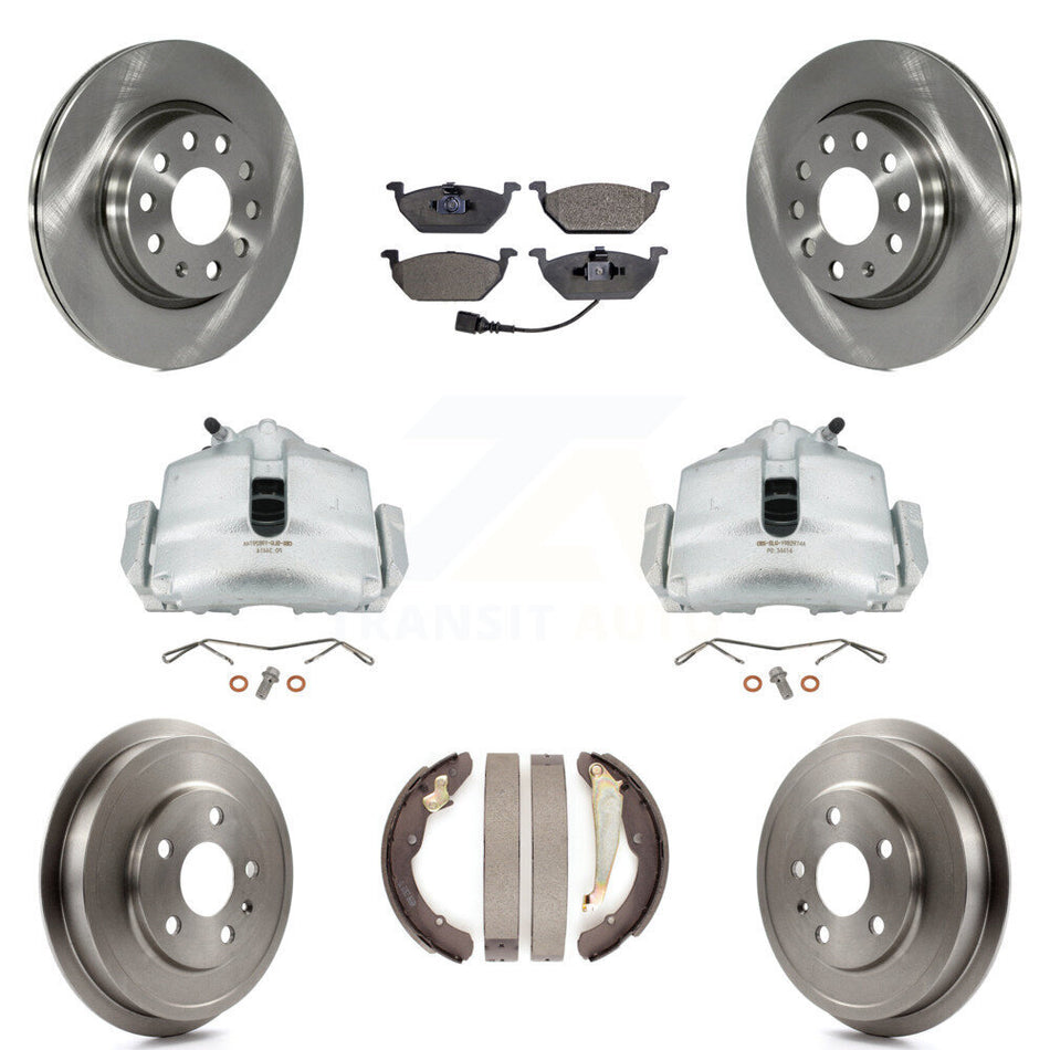 Front Rear Disc Brake Caliper Rotors Drums Semi-Metallic Pads Kit (8Pc) For Volkswagen Jetta With 280mm Diameter Rotor KC8-100838P