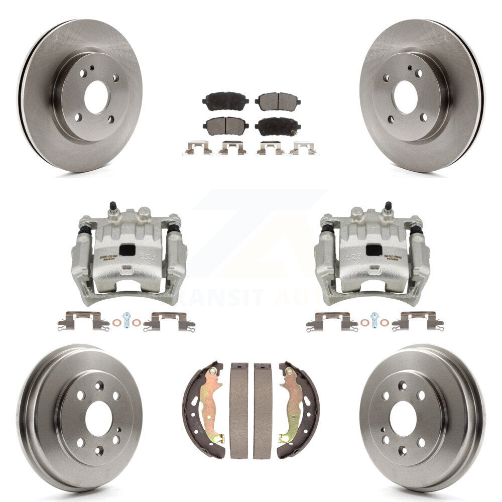 Front Rear Disc Brake Caliper Rotors Drums Ceramic Pads Kit (8Pc) For 2011-2014 Mazda 2 KC8-100838T