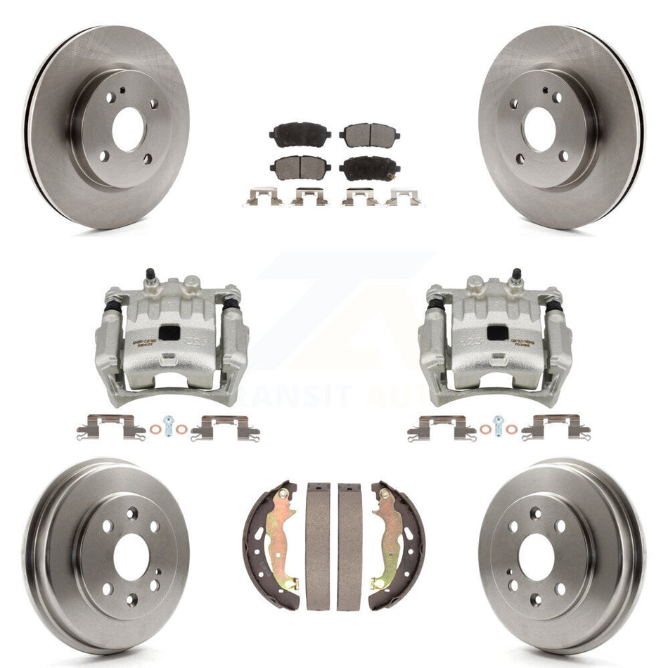 Front Rear Disc Brake Caliper Rotors Drums Ceramic Pads Kit (8Pc) For 2011-2014 Mazda 2 KC8-100838T