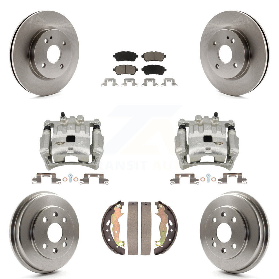 Front Rear Disc Brake Caliper Rotors Drums Ceramic Pads Kit (8Pc) For 2011-2014 Mazda 2 KC8-100846C
