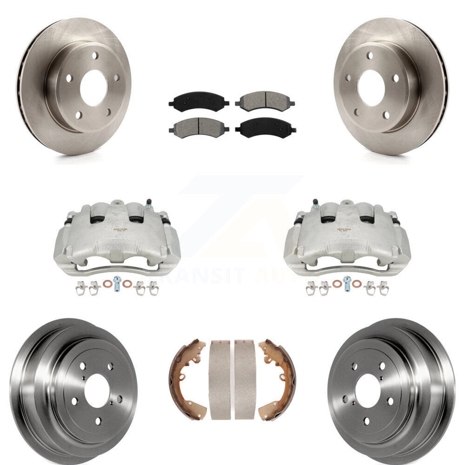 Front Rear Disc Brake Caliper Rotors Drums Semi-Metallic Pads Kit (8Pc) For Dodge Dakota Mitsubishi Raider KC8-100848S