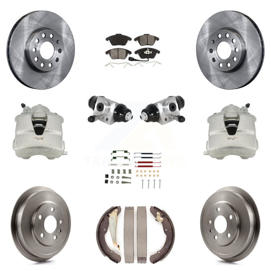 Front Rear Disc Brake Caliper Rotors Drums Semi-Metallic Pads Shoes Wheel Cylinders And Hardware Kit (11Pc) For Volkswagen Jetta With 288mm Diameter Rotor KC8-100864S