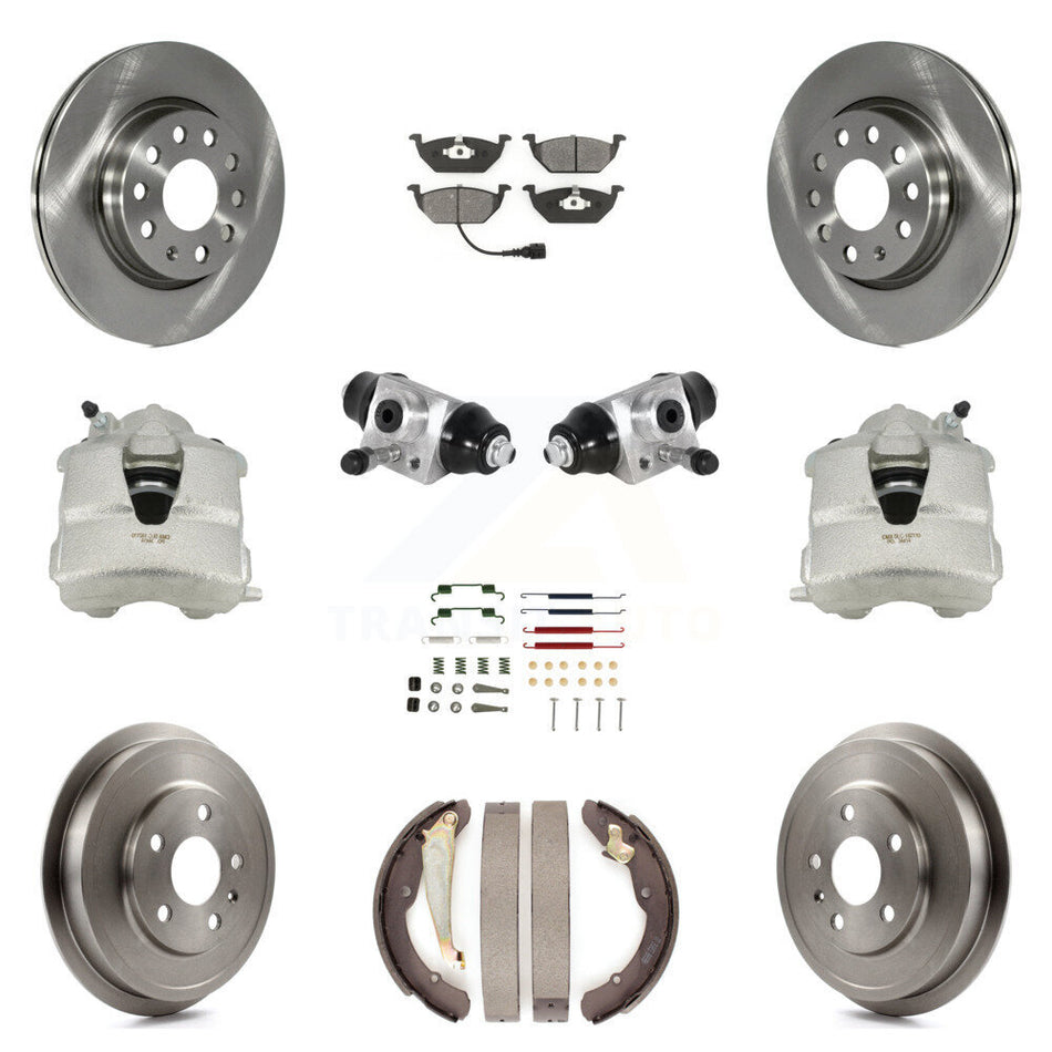 Front Rear Disc Brake Caliper Rotors Drums Semi-Metallic Pads Shoes Wheel Cylinders And Hardware Kit (11Pc) For Volkswagen Jetta With 280mm Diameter Rotor KC8-100866S