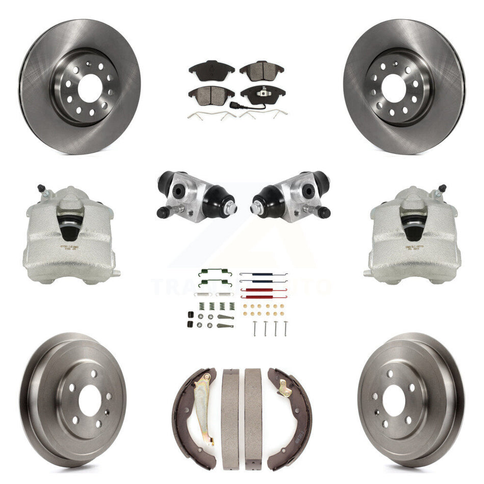 Front Rear Disc Brake Caliper Rotors Drums Semi-Metallic Pads Shoes Wheel Cylinders And Hardware Kit (11Pc) For Volkswagen Jetta With 312mm Diameter Rotor KC8-100868S