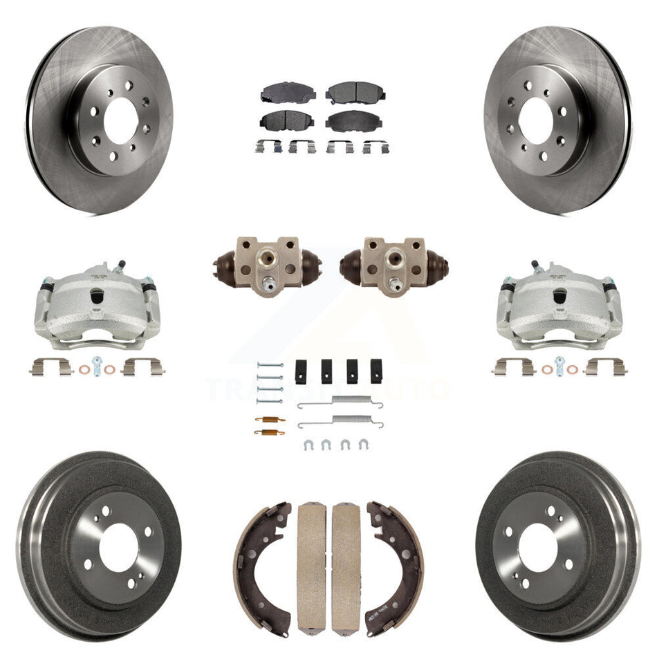 Front Rear Disc Brake Caliper Rotors Drums Semi-Metallic Pads Shoes Wheel Cylinders And Hardware Kit (11Pc) For Honda Civic KC8-100874P