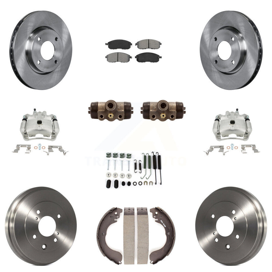 Front Rear Disc Brake Caliper Rotors Drums Semi-Metallic Pads Shoes Wheel Cylinders And Hardware Kit (11Pc) For Nissan Sentra KC8-100874S