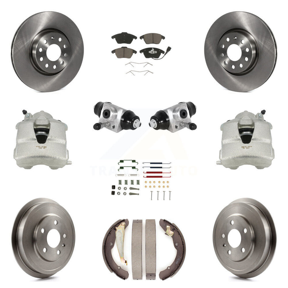 Front Rear Disc Brake Caliper Rotors Drums Ceramic Pads Shoes Wheel Cylinders And Hardware Kit (11Pc) For Volkswagen Jetta With 312mm Diameter Rotor KC8-100877C