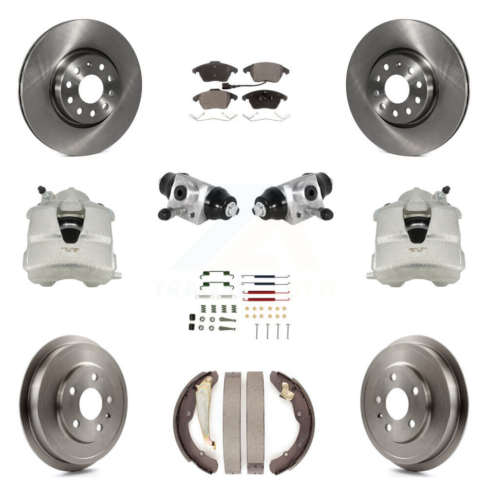 Front Rear Disc Brake Caliper Rotors Drums Ceramic Pads Shoes Wheel Cylinders And Hardware Kit (11Pc) For Volkswagen Jetta With 312mm Diameter Rotor KC8-100880T