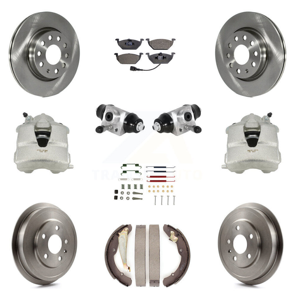 Front Rear Disc Brake Caliper Rotors Drums Semi-Metallic Pads Shoes Wheel Cylinders And Hardware Kit (11Pc) For Volkswagen Jetta With 280mm Diameter Rotor KC8-100884P