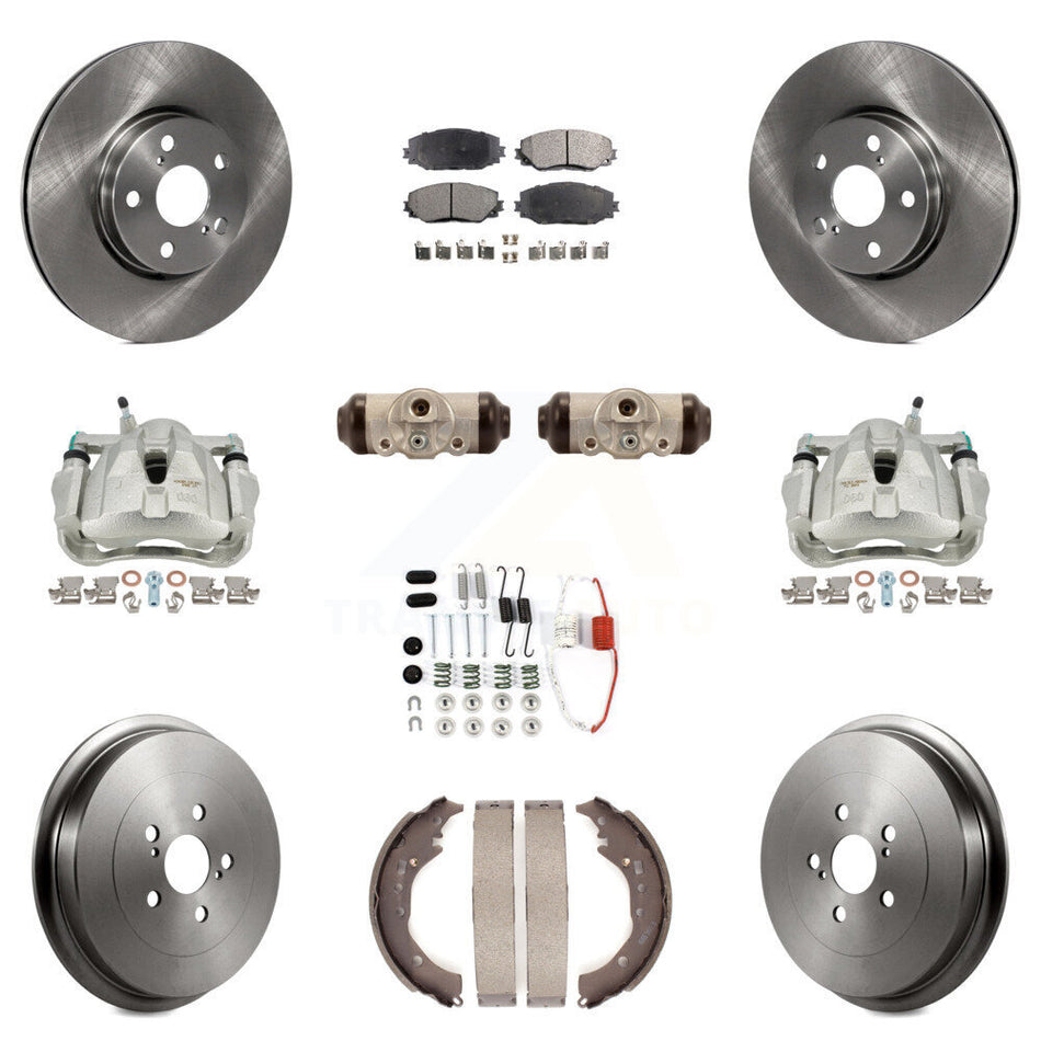 Front Rear Disc Brake Caliper Rotors Drums Semi-Metallic Pads Shoes Wheel Cylinders And Hardware Kit (11Pc) For 2009-2013 Toyota Corolla KC8-100889P