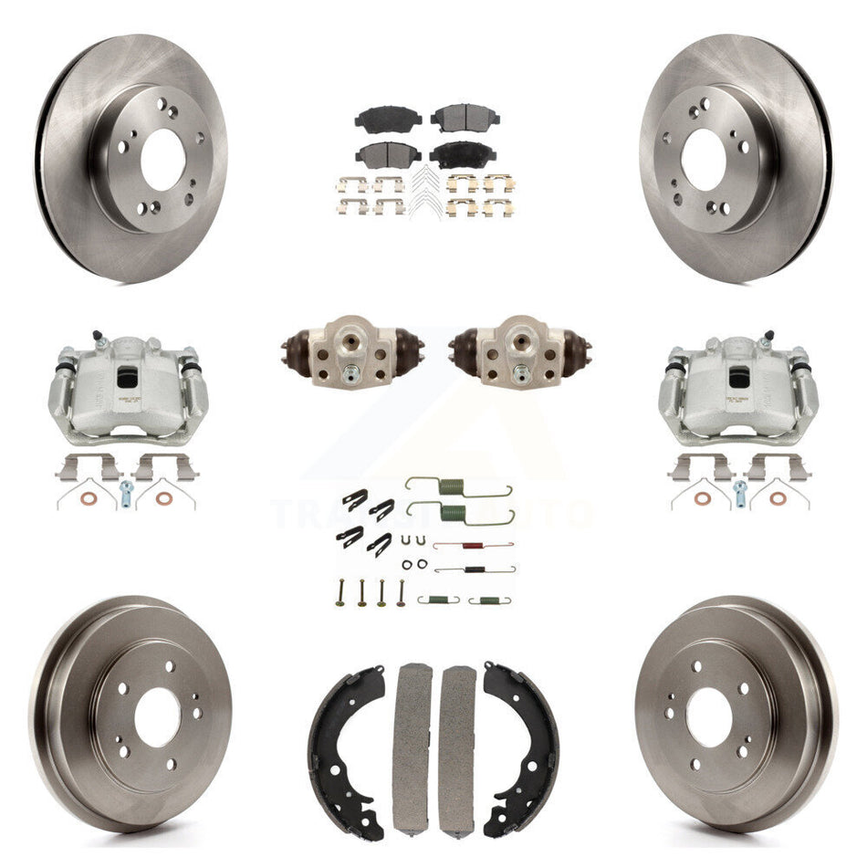 Front Rear Disc Brake Caliper Rotors Drums Semi-Metallic Pads Shoes Wheel Cylinders And Hardware Kit (11Pc) For Honda Civic KC8-100895P