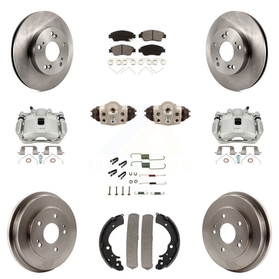 Front Rear Disc Brake Caliper Rotors Drums Semi-Metallic Pads Shoes Wheel Cylinders And Hardware Kit (11Pc) For Honda Civic KC8-100900S