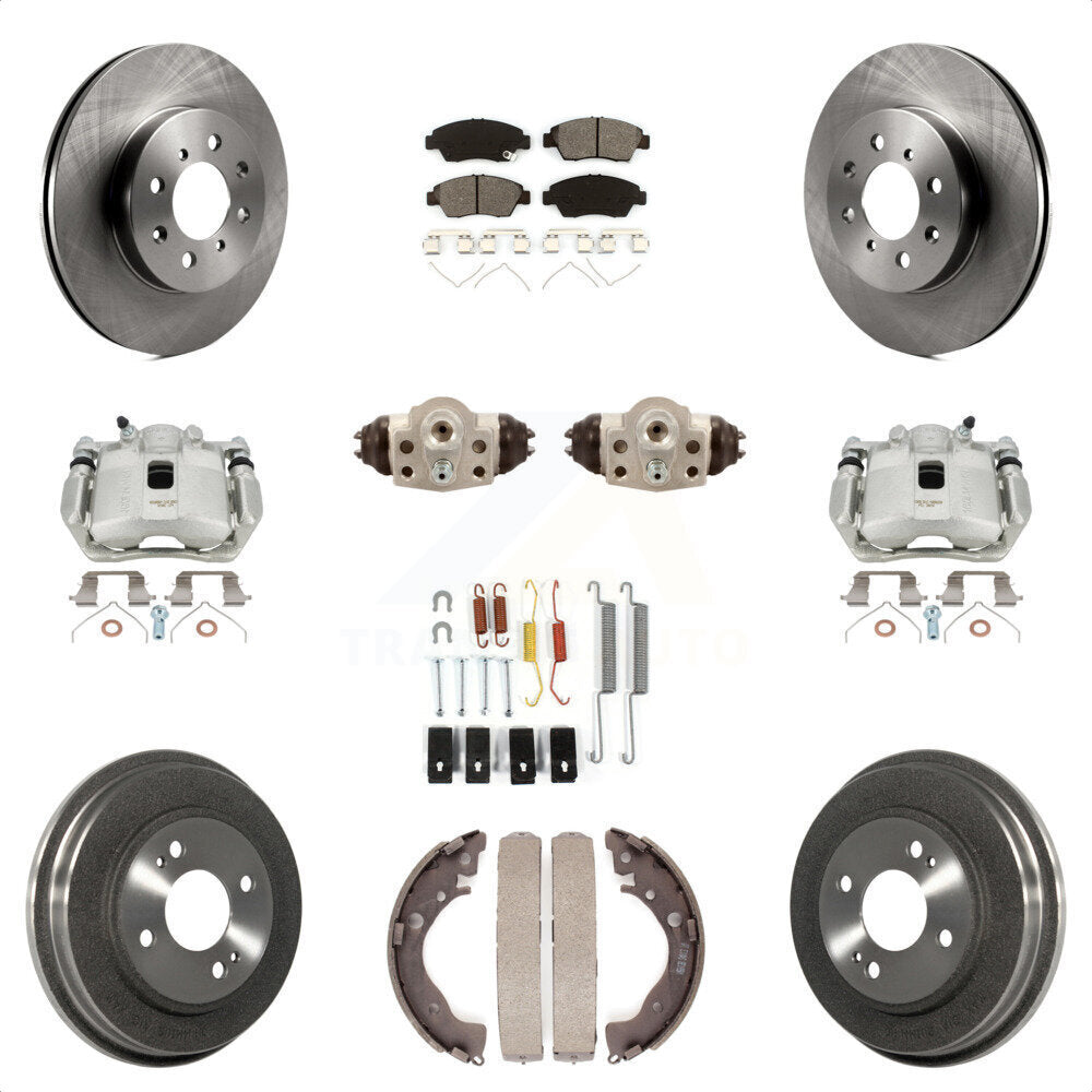 Front Rear Disc Brake Caliper Rotors Drums Semi-Metallic Pads Shoes Wheel Cylinders And Hardware Kit (11Pc) For Honda Fit KC8-100901S by Transit Auto