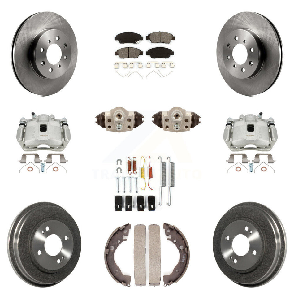 Front Rear Disc Brake Caliper Rotors Drums Semi-Metallic Pads Shoes Wheel Cylinders And Hardware Kit (11Pc) For Honda Fit KC8-100901S