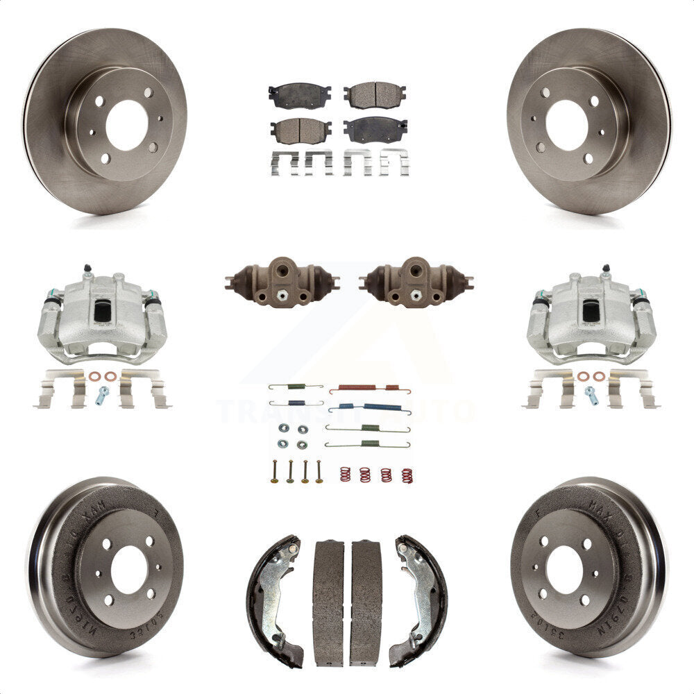 Front Rear Disc Brake Caliper Rotors Drums Semi-Metallic Pads Shoes Wheel Cylinders And Hardware Kit (11Pc) For 2006 Hyundai Accent Hatchback To 09 30 05 KC8-100904P by Transit Auto