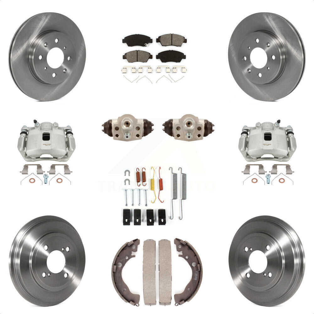 Front Rear Disc Brake Caliper Rotors Drums Semi-Metallic Pads Shoes Wheel Cylinders And Hardware Kit (11Pc) For 2015-2019 Honda Fit KC8-100904S by Transit Auto