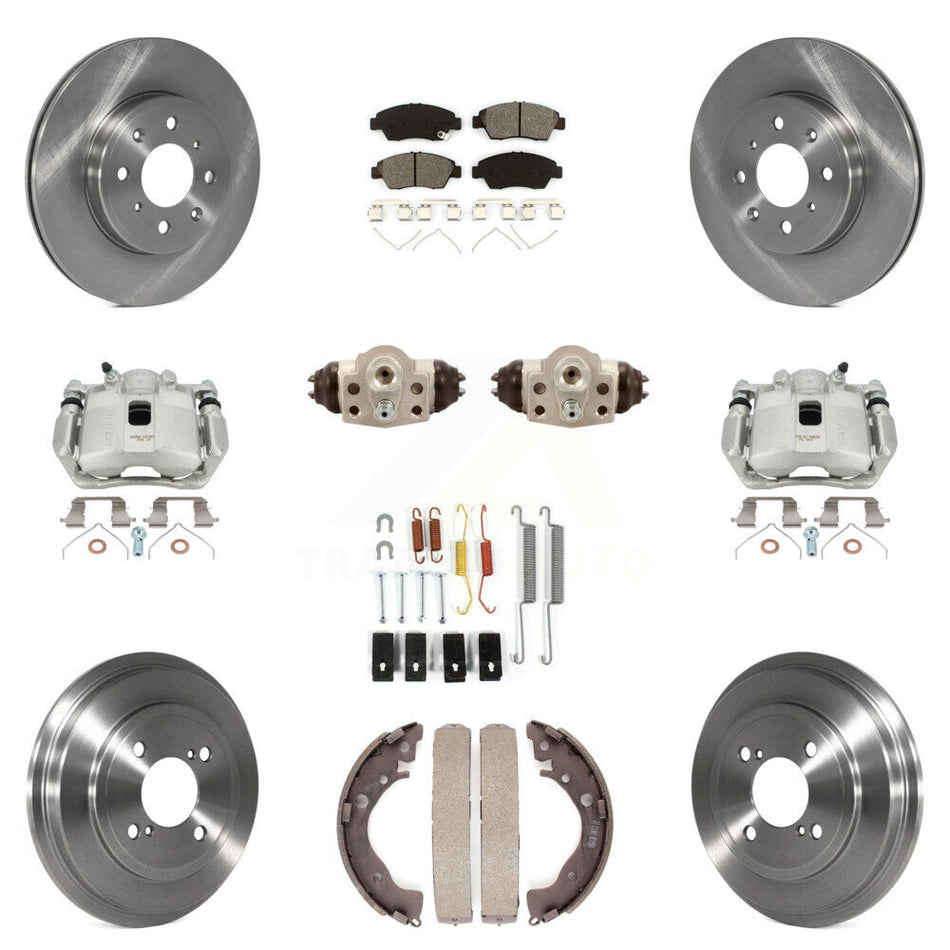 Front Rear Disc Brake Caliper Rotors Drums Semi-Metallic Pads Shoes Wheel Cylinders And Hardware Kit (11Pc) For 2015-2019 Honda Fit KC8-100904S