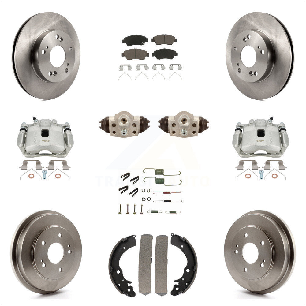 Front Rear Disc Brake Caliper Rotors Drums Ceramic Pads Shoes Wheel Cylinders And Hardware Kit (11Pc) For Honda Civic KC8-100911C by Transit Auto