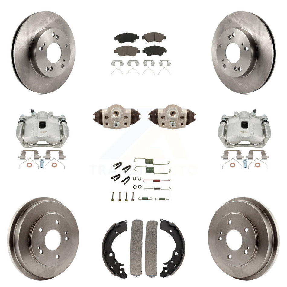Front Rear Disc Brake Caliper Rotors Drums Ceramic Pads Shoes Wheel Cylinders And Hardware Kit (11Pc) For Honda Civic KC8-100911C