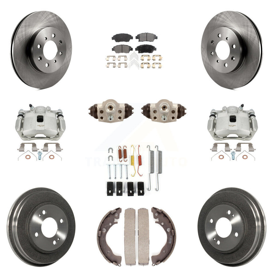 Front Rear Disc Brake Caliper Rotors Drums Semi-Metallic Pads Shoes Wheel Cylinders And Hardware Kit (11Pc) For Honda Fit KC8-100918P