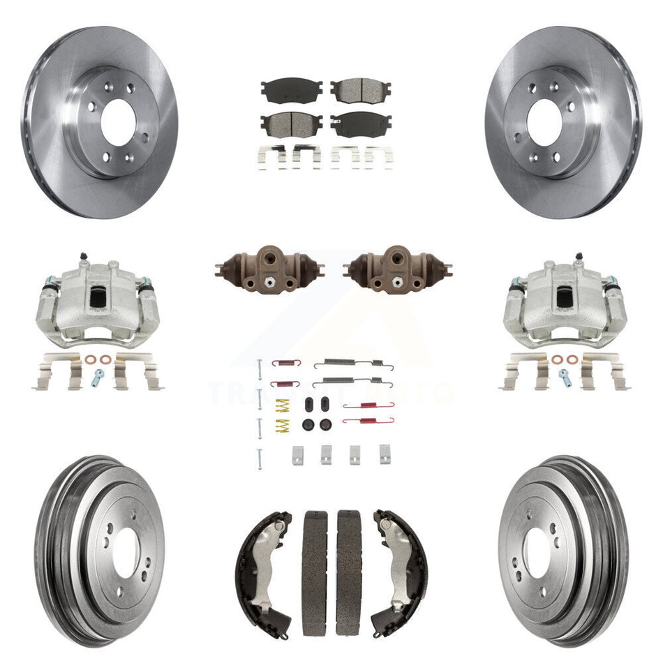 Front Rear Disc Brake Caliper Rotors Drums Semi-Metallic Pads Shoes Wheel Cylinders And Hardware Kit (11Pc) For Hyundai Accent Kia Rio Rio5 KC8-100918S